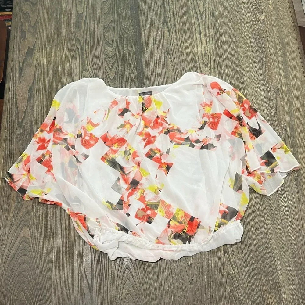 Vince Camuto Chiffon Blouse Floral Flutter Sleeve Pullover Multicolor Size L
